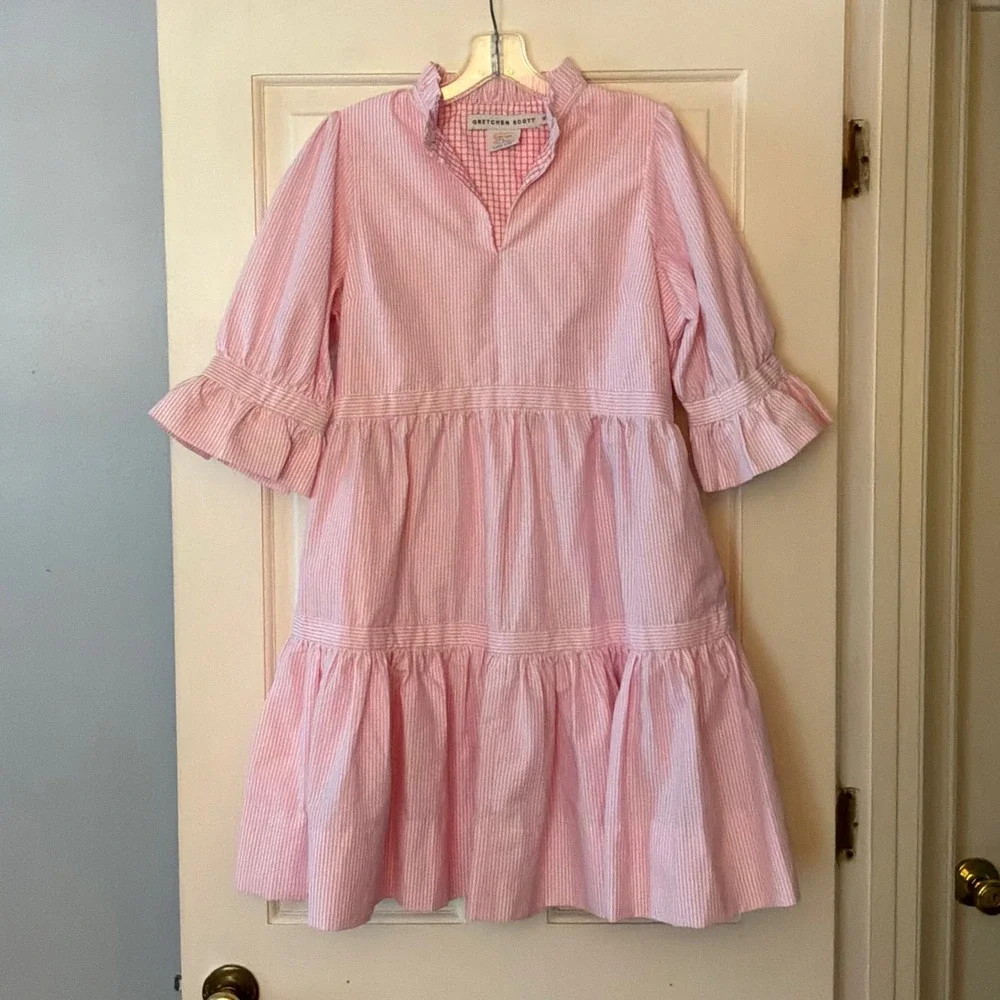 Gretchen Scott Pink Stripe Teardrop Dress Ruffle Tiered Preppy Coastal Small